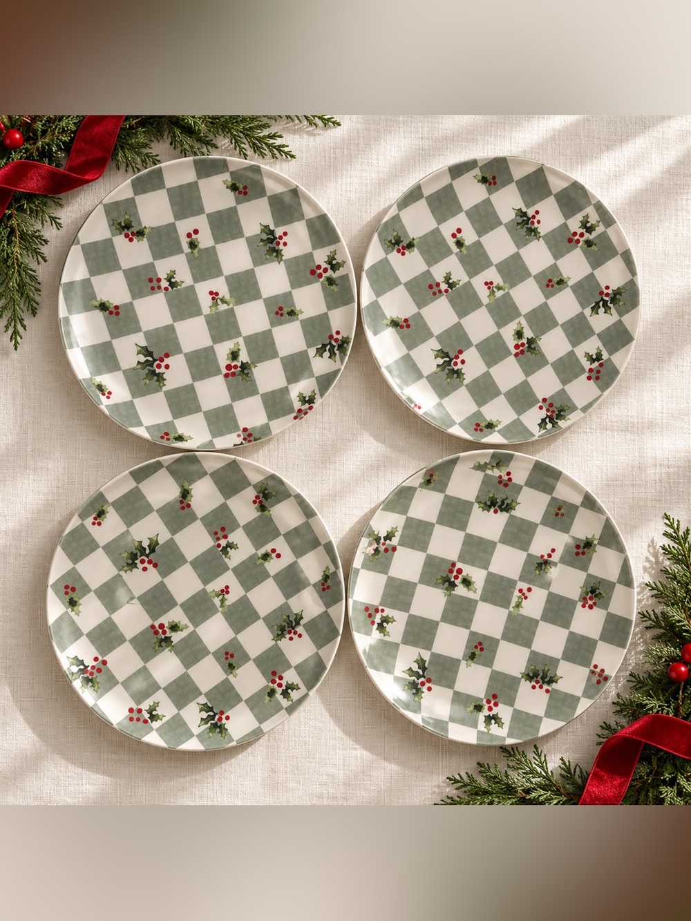 C&C California Christmas Holly Check Dinner Plates Set of 4 Melamine 11” - Picture 1 of 6